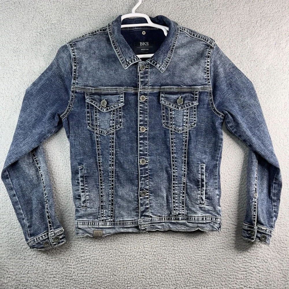 BKE Men Jacket MEDIUM Blue Denim Jacket Western Button Trucker Stretch